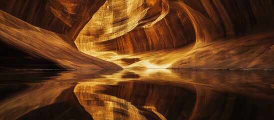 Poster - Antelope Canyon in Arizona reflecting golden light on water surface with smooth, curved sandstone walls and dramatic textures Copy Space