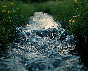 Canvas Print - Stream flowing through meadow, sunset light, nature background, website banner