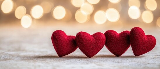 Poster - Red felt heart decorations on a soft surface with a blurred bokeh background of warm lights Copy Space