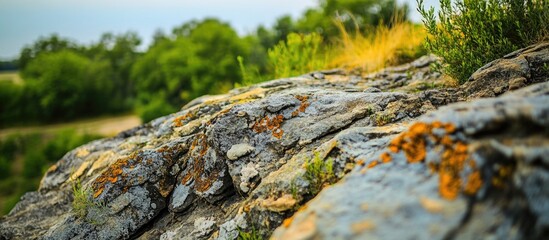 Poster - Close-up view of textured rock surface with moss and lichen in natural outdoor setting Copy Space