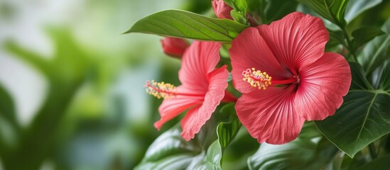 Poster - Vibrant red hibiscus flowers with lush green leaves against a blurred natural background Copy Space
