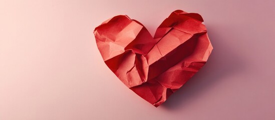 Poster - Crumpled red paper heart on a soft pink background with ample copy space for text or messages