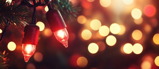 Poster - christmas tree lights with bokeh background of glowing ornaments and warm festive colors copy space