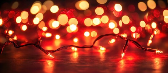Poster - red and orange bokeh lights on a dark background with illuminated string lights suitable for festive