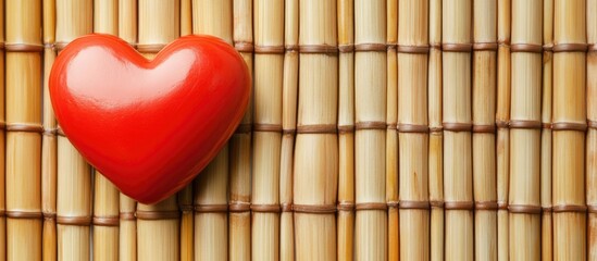 Poster - Red heart decoration on bamboo mat background with copy space for text. Ideal for love and romantic themes.