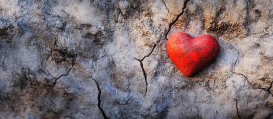 Poster - Red heart-shaped stone on cracked earth background with texture patterns and natural elements Copy Space