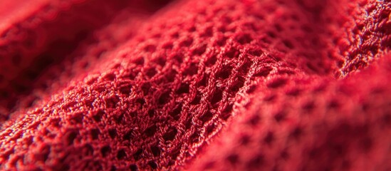 Poster - Textured red fabric close-up with intricate weave patterns and soft folds, ideal for showcasing textile details and design. Copy Space