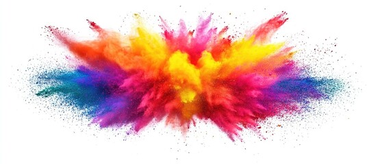 Poster - Colorful powder explosion on white background creating vibrant splashes with ample space for text integration Copy Space