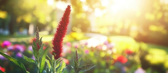 Poster - Red flower in focus with blurred colorful garden background and sunlight creating a warm atmosphere. Copy Space for text.