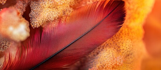 Poster - Close-up of a vibrant red feather resting on textured coral in warm orange tones with detailed focus and soft background, Copy Space