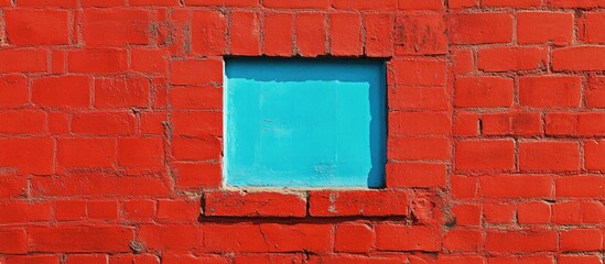 Poster - Colorful textured brick wall with empty blue painted window frame against vivid red background Copy Space
