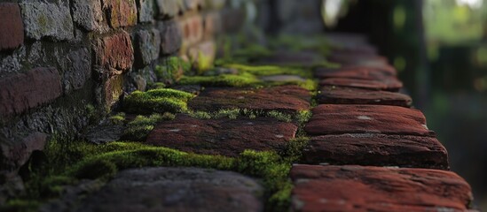 Poster - Moss covered brick wall detail with focus on texture and colors in natural light Copy Space