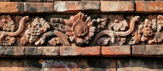 Poster - Detailed close-up of ornate terracotta wall relief featuring floral motifs and intricate designs with natural color tones and textures
