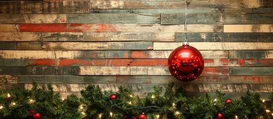 Poster - Red Christmas ornament hanging on wooden wall with garland and decorative lights, festive holiday background with copy space.