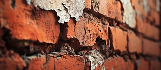 Poster - Textured close-up of weathered red brick wall with peeling paint and rough surface details suitable for backgrounds or architectural themes Copy Space