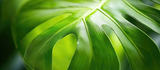 Poster - close-up of a monstera leaf with intricate details and vibrant green color suitable for nature and b