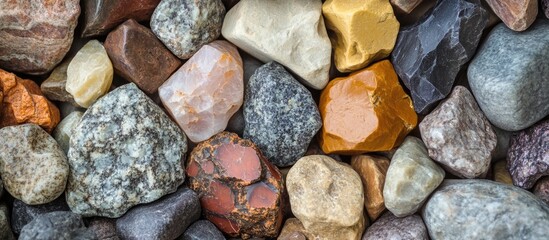 Poster - Colorful assorted stones and pebbles background natural texture detailed view Copy Space