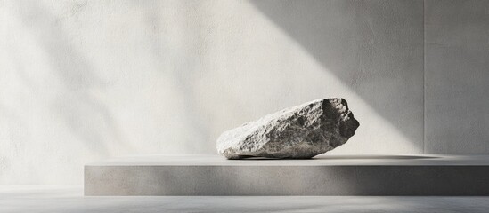 Poster - Minimalist stone on a concrete platform in a modern interior space with natural light and shadows Copy Space