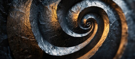 Poster - Abstract spiral pattern with textured surface in shades of black and gold showcasing a dynamic depth effect and light reflections Copy Space