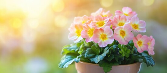 Poster - Pink and yellow spring flowers in a pot with green leaves against a blurred outdoor background with warm light Copy Space
