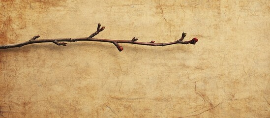 Poster - Bare twig with budding blossoms on textured brown background featuring copy space for design elements.