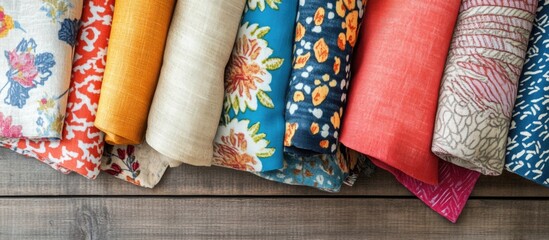 Poster - Colorful assortment of rolled fabric with floral and geometric patterns on wooden background with Copy Space