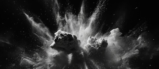 Poster - Black and white explosive powder burst with dynamic splashes and particles against a dark background with Copy Space