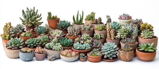 Poster - various succulent plants in assorted pots displayed together on a white background with copy space f