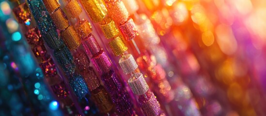 Poster - Colorful shimmering sequins in vibrant hues with bokeh effect and gradient background, creating a festive atmosphere, Copy Space