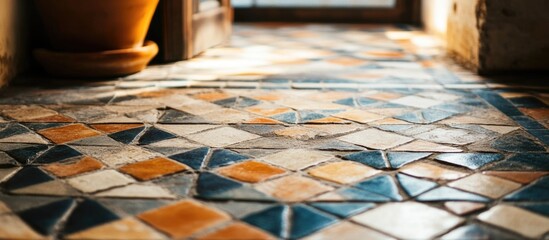 Poster - Colorful patterned ceramic tile floor with geometric designs and natural light, including a terracotta pot in background, Copy Space