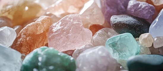 Poster - Colorful assorted gemstones with various shapes and textures displayed together on a surface Copy Space