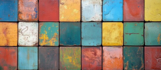 Poster - Colorful weathered metal square panels arranged in a grid pattern with textured surface and visible paint peeling Copy Space
