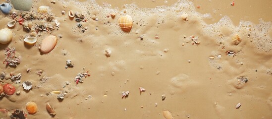 Poster - Beach sand with seashells and foam from ocean waves creating a natural texture background with copy space
