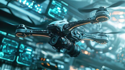 Poster - Close-up of a advanced drone with high-tech camera, futuristic design, against a blurred background of digital screens
