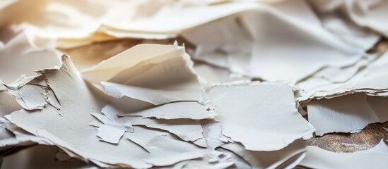 Poster - Close-up of torn and crumpled white paper sheets with a soft natural light background Copy Space