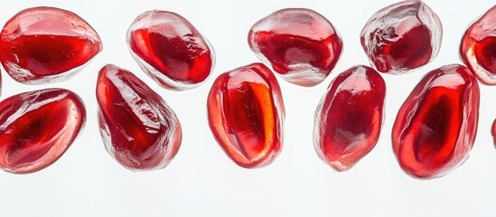 Poster - Pomegranate seeds arranged on a white background with natural lighting and a focus on texture for food photography Copy Space