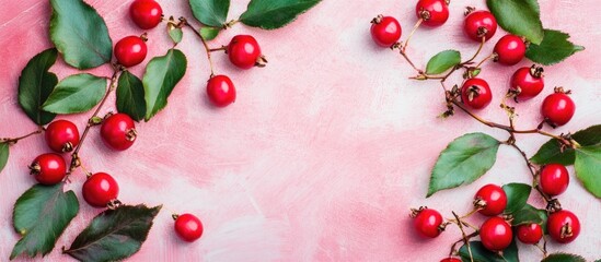 Poster - Fresh red berries with green leaves arranged on a soft pink background with ample Copy Space for text placement