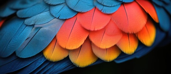 Poster - Close-up of colorful parrot feathers showcasing vibrant blue, red, orange, and yellow hues