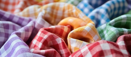 Poster - Colorful checked fabric patterns in various hues including red, blue, green, yellow, and purple with texture detail and soft folds. Copy Space