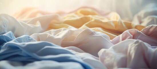 Poster - Colorful crumpled fabric background with soft folds and textures in pastel hues of blue, yellow, and pink. Copy Space.