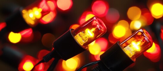Poster - Colorful string lights with a bokeh effect showing warm yellow and red glowing bulbs on a dark background Copy Space