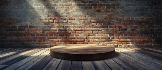 Poster - empty wooden podium on a wooden floor with illuminated brick wall background and light beams creatin