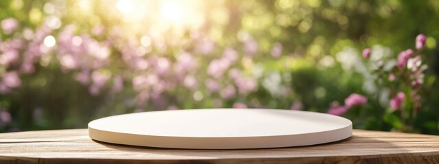 Poster - Wooden round platform on table with blurred garden background and sunlight.