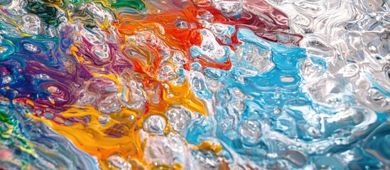 Poster - Colorful abstract painting with vibrant swirls and bubbles in multiple hues of blue, orange, red, and green Copy Space