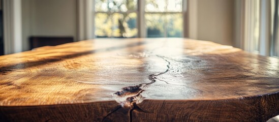 Poster - Close-up of polished wooden table with natural grain patterns in sunlight indoors