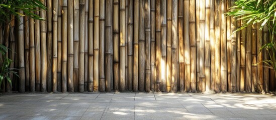Poster - Bamboo Wall with Natural Light and Shadow on Tile Floor Background