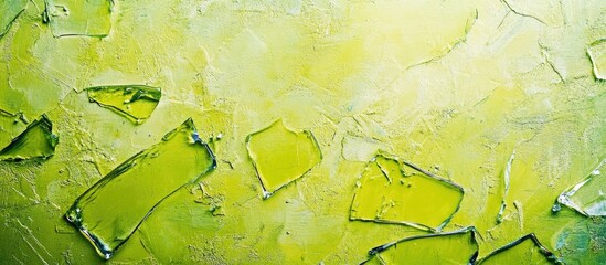 Poster - Green textured background with broken glass pieces arranged artistically and ample copy space for text insertion.