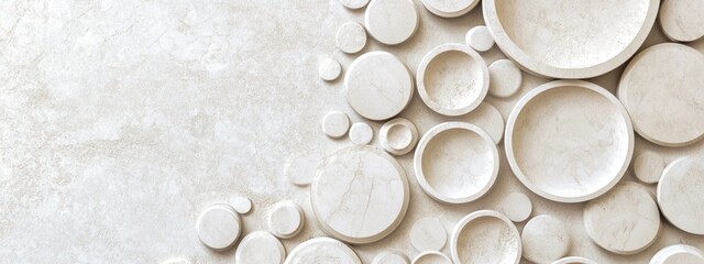 Poster - Abstract Arrangement of White Circular Plates on Light Background with Copy Space