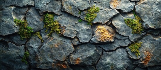 Poster - Slate stone wall texture with patches of green moss and lichen.