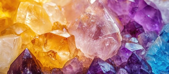 Poster - Colorful natural crystal formations with amethyst and citrine pieces displaying a variety of textures and hues Copy Space